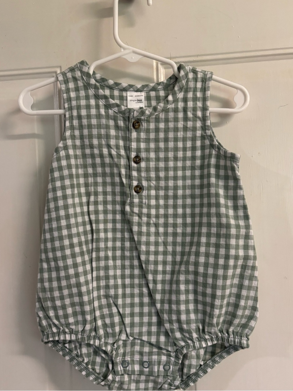 12M Simple Joys/Carter's Unisex green and white gingham sleeveless bubble.  In